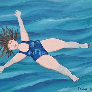 May include: A painting of a person floating on their back in a blue body of water. The person is wearing a blue swimsuit with a jellyfish pattern. The person's hair is brown and flowing in the water. The water is painted in shades of blue and green.