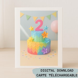ダウンロードして折りたためる2歳の誕生日カード - 折り紙のケーキと花のかわいいデザイン - テキストなし、女の子にも男の子にも最適