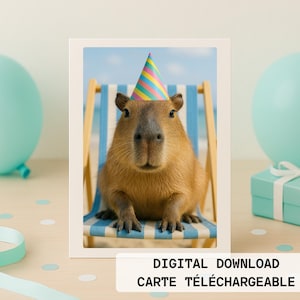Carte numérique sans texte – Capibara mignon sur chaise de plage avec chapeau de fête – Téléchargement instantané - Anniversaire