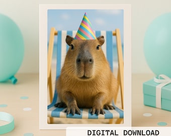 Leere digitale Karte – Süßes Capybara auf Strandstuhl mit Partyhut – Sofort-Download – Geburtstag