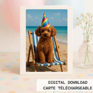 Carte anniversaire à imprimer – Chien fête sur la plage – Carte téléchargeable sans texte – Idéale pour toutes occasions