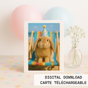 Carte d’anniversaire téléchargeable – Lapin mignon avec chapeau de fête sur la plage – Illustration estivale sans texte, HD