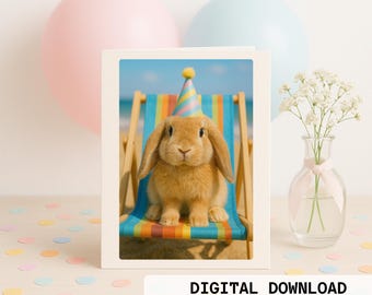 Herunterladbare Geburtstagskarte – Süßer Hase mit Partyhut am Strand – Sommerillustration ohne Text, HD