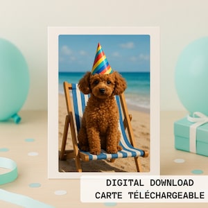 Schattige hond op het strand digitale kaart – Direct downloaden – Printbare feestkaart zonder tekst – Origineel verjaardags idee