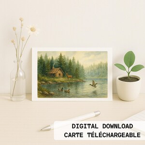 Carte d’anniversaire de style aquarelle sans texte - Chalet en forêt, cerf et oiseaux majestueux - Téléchargement instantané