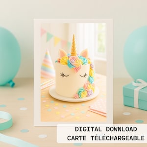 Carte de fête licorne à télécharger – Illustration gâteau pastel arc-en-ciel, parfaite pour anniversaire magique d'enfants - Sans texte