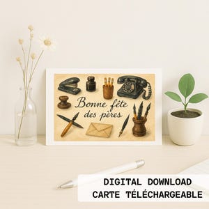 Carte numérique fête des Pères – Rétro Vintage - Style Aquarelle avec accessoires de Bureau anciens – Sans texte