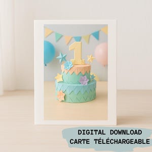 Carte 1er anniversaire bébé à imprimer – Gâteau pastel en papier – Carte digitale sans texte pour bébé fille ou garçon – Téléchargement PDF