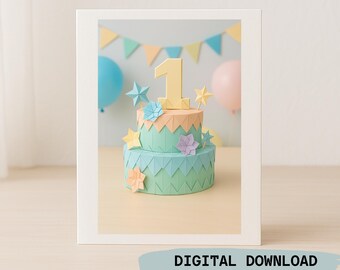 Carte 1er anniversaire bébé à imprimer – Gâteau pastel en papier – Carte digitale sans texte pour bébé fille ou garçon – Téléchargement PDF