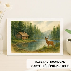 Carte d’anniversaire de style aquarelle sans texte - Chalet en bois en forêt et cerf majestueux - Téléchargement instantané