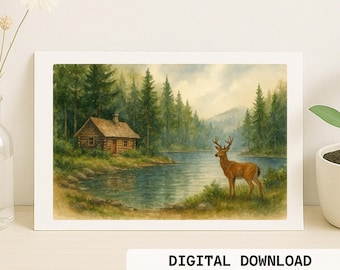 Watercolor Style Birthday Card Without Text - Wooden Chalet in Forest and Majestic Deer - Instant Download