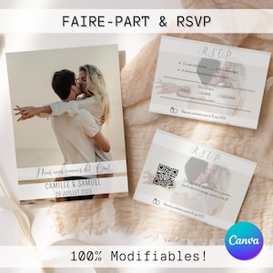 Faire-Part et RSVP de Mariage _ Template Canva entièrement modifiable _ Français _ Invitation des mariés _ Plusieurs formats inclus