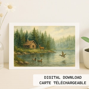 Carte de souhaits imprimable sans texte - Thème : nature, paysage, lac et chalet - Image de style aquarelle - Téléchargement instantané