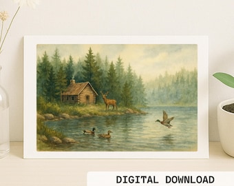 Druckbare Blanko-Grußkarte - Natur, Landschaft, See und Cottage-Thema - Bild im Aquarellstil - Sofortiger Download