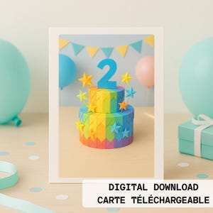 Carte pliable 2e anniversaire à imprimer – Gâteau pastel et fleurs en papier – Fichier numérique Sans Texte pour Bébé Enfant Fille ou Garçon