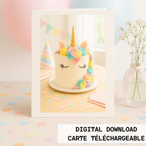 Carte anniversaire licorne à imprimer – Fichier numérique pastel féerique, image de gâteau pour fête enfant ou bébé fille - Sans texte