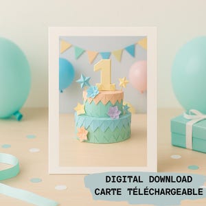 Carte Téléchargeable 1 AN – Gâteau pastel doux pour bébé – Carte d’anniversaire numérique sans texte à imprimer chez soi