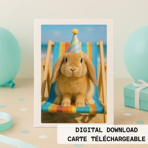 Carte numérique sans texte – Lapin mignon sur chaise de plage avec chapeau de fête – Téléchargement instantané - Anniversaire Message rigolo