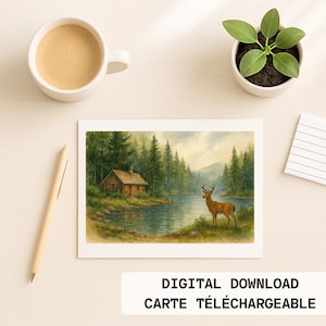 Carte de souhaits imprimable sans texte - Thème : nature, paysage et chevreuil - Image de style aquarelle - Téléchargement instantané