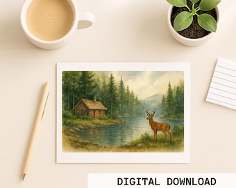 Druckbare Blanko-Grußkarte - Natur-, Landschafts- und Hirschmotiv - Bild im Aquarellstil - Sofortiger Download