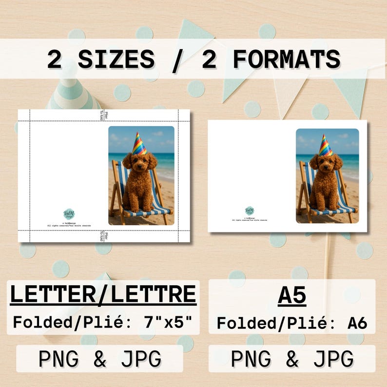 Süße digitale Karte mit Hund am Strand – Sofort-Download – Druckbare Partykarte ohne Text – Originelle Geburtstagsidee Bild 2