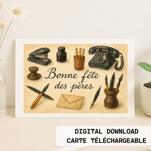Carte fête des Pères à imprimer sans texte– Illustration de style Aquarelle Vintage avec objets Rétro de bureau – Téléchargement instantané