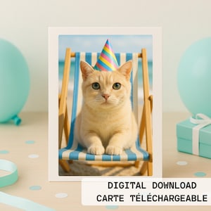 Carte d’anniversaire téléchargeable – Chat mignon avec chapeau de fête sur la plage – Illustration estivale sans texte - HD
