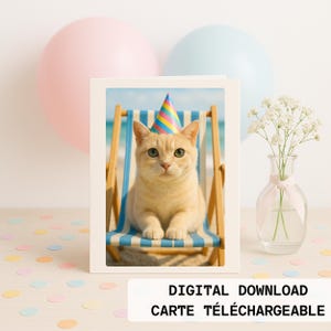 Carte numérique sans texte – Chat mignon sur chaise de plage avec chapeau de fête – Téléchargement instantané