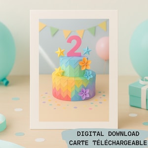 Carte pliable 2e anniversaire à imprimer – Gâteau pastel et fleurs en papier – Fichier numérique Sans Texte pour enfant, fille ou garçon