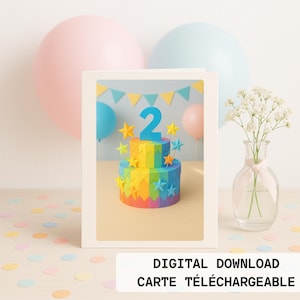 Downloadbare en opvouwbare 2e verjaardagskaart - Lief ontwerp met origami taart en bloemen - Geen tekst, ideaal voor meisje of jongen