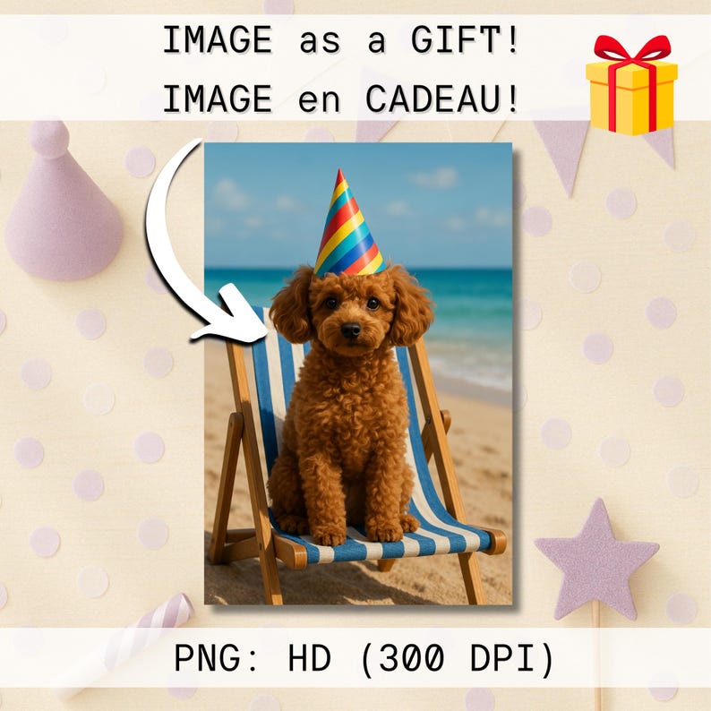 Süße digitale Karte mit Hund am Strand – Sofort-Download – Druckbare Partykarte ohne Text – Originelle Geburtstagsidee Bild 3
