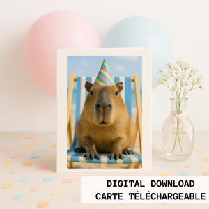 Carte d’anniversaire téléchargeable – Capibara mignon avec chapeau de fête sur la plage – Illustration estivale sans texte, HD