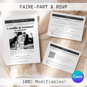 Faire-Part et RSVP de Mariage | Template Canva entièrement modifiable | En Français | Invitation des mariés | Plusieurs formats inclus