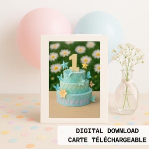 Carte anniversaire 1 an à imprimer – Design pastel floral avec gâteau en origami – Téléchargement numérique sans texte