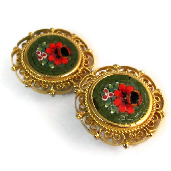 Vintage Micro Mosaic Gold Tone Filigree Clip On Earrings Red Flower Floral