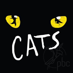 Puede incluir: Fondo negro con la palabra "CATS" en letras blancas y estilizadas. Encima del texto hay dos ojos de gato amarillos, cada uno con una silueta de gato negro. Un logotipo está en la esquina inferior derecha.