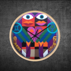 Zodiac Wooden Wall Clock Unique, Colorful Art Deco Inspired Clock, Modern Boho Wall Clock, Gemini Wall Clock New Valentine Day Gift