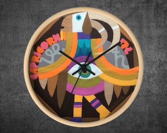 Relógio de parede de madeira do zodíaco, relógio inspirado em arte decorativa colorida, relógio de parede boho moderno, relógio de parede de capricórnio, novo grande presente