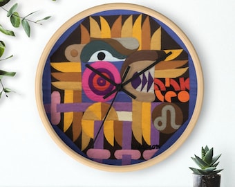 Relógio de parede do signo de Leão | Relógio de madeira estilo boho art déco moderno | Presente astrológico | Decoração colorida para casa com o signo do zodíaco