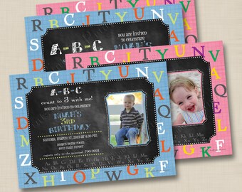 Alphabet ABC Chalkboard Custom Birthday Party Invitation or Baby Shower Invitation Design- any occasion with or w/out photo