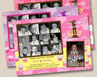 12 Months of Cupcakes or Flowers Custom 1st Birthday Party Invitation Design