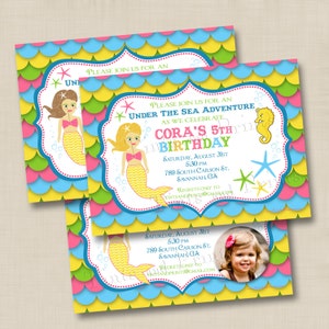 Girlie Mermaid Under the Sea Custom Birthday Party Invitation Design- with or without photo- any age