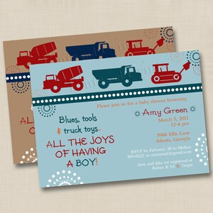 All the Joys of Having a Boy Construction Vehicles Custom Baby Shower Invitation or Birthday Party Invitation Design