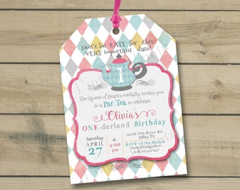 Onederland Tea Party Die Cut Tag Shape Custom Birthday Party Invitation Design- or any occasion