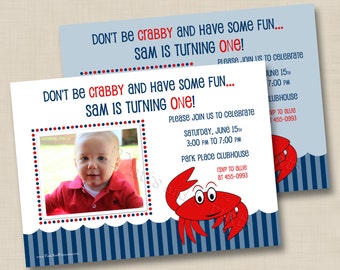 Our Little Crab Custom Boy or Girl Birthday Party Photo Invitation Design- any age