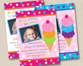 We All Scream For Ice Cream Girl Custom Birthday Party Invitation Design - any age
