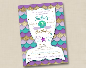 Mermaid Tail Under the Sea Custom Birthday Party Invitation Design- any age