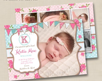 Shabby Chic Custom Baby Photo Birth Announcement or Baptism or Christening Announcement Design - optional backside design