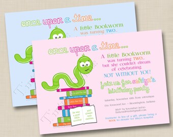 A Little Bookworm Custom Birthday Party Invitation Design- any age