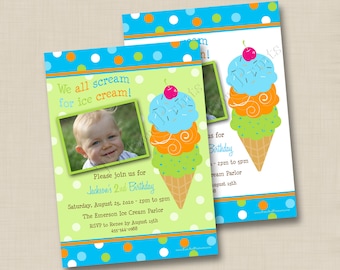 We All Scream For Ice Cream Boy Custom Birthday Party Invitation Design - any age